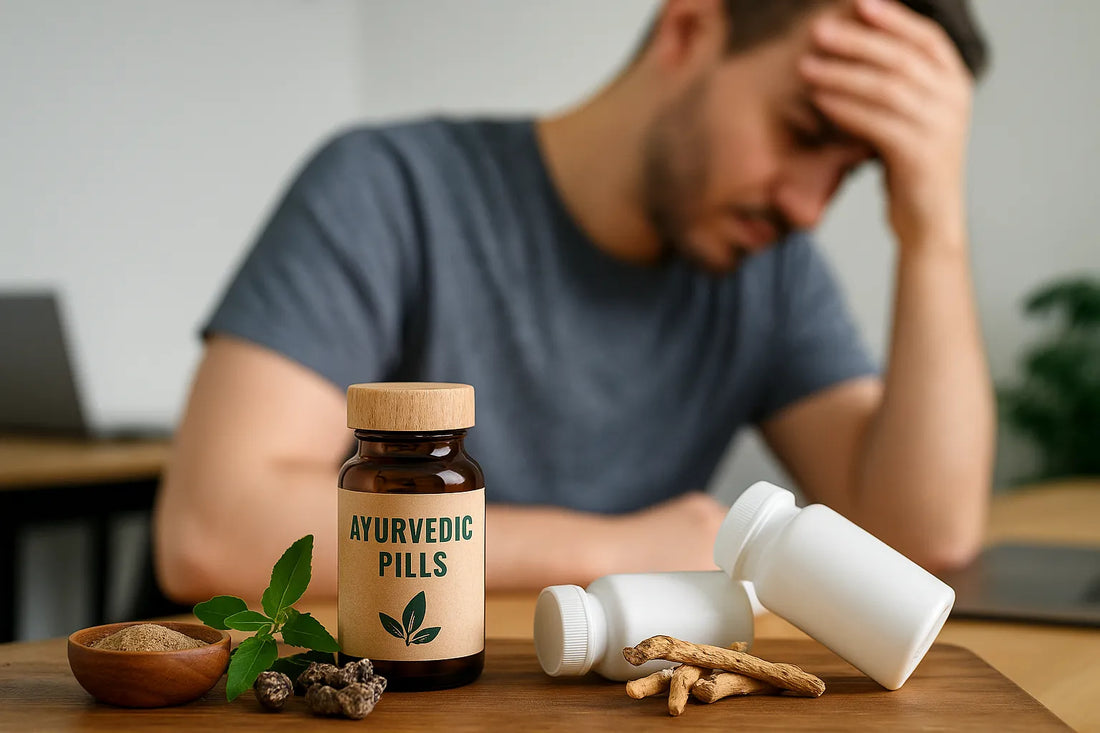 Image showing a man with stress and how ayurvedic pills have knocked out traditional medicines out of the picture with natural benefits helping fight stress.