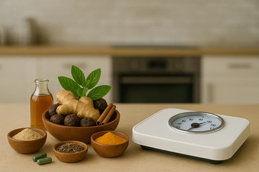 Image with ayurvedic medicines kept alongside a weighing scale, promoting how ayurveda can help in reducing weight