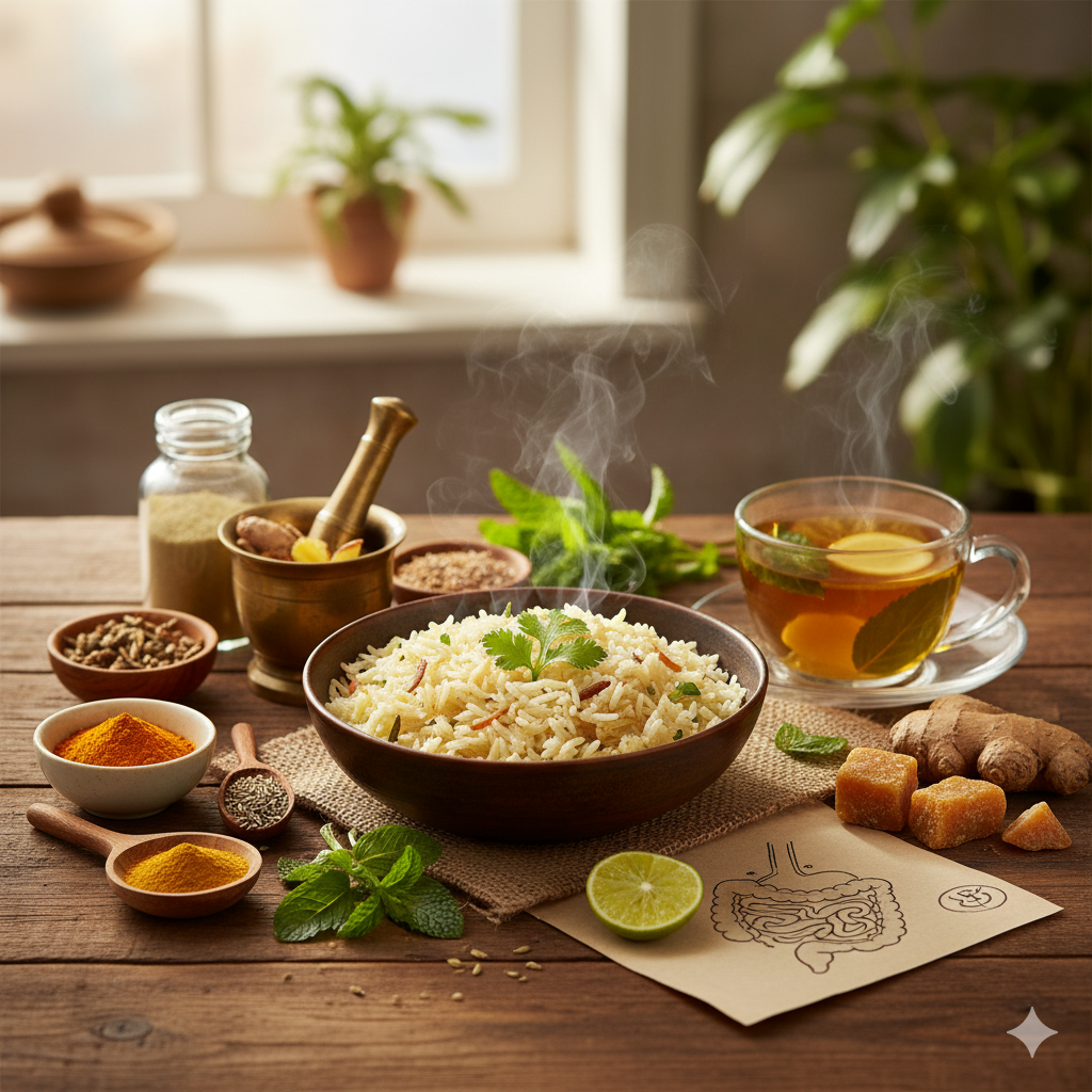 Healthy Ayurvedic diet ingredients for better digestion: a warm rice dish with cilantro, fresh mint, ginger, jaggery, and various spices like turmeric, cumin, and fennel, alongside a cup of detoxifying herbal tea.