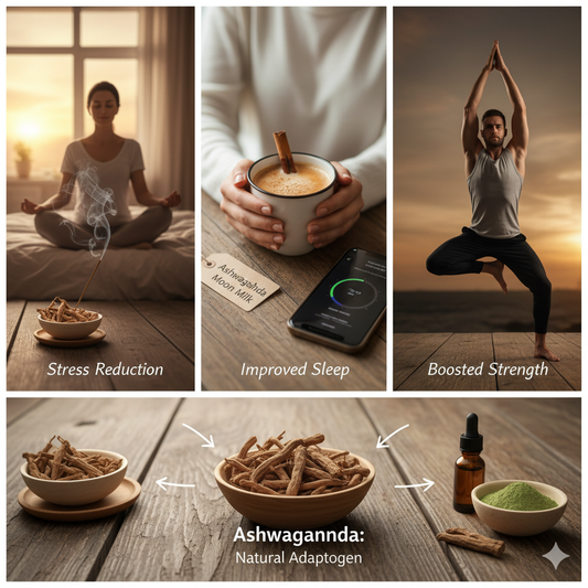 Ashwagandha's natural benefits: reducing stress, improving sleep, and boosting strength, shown through a collection of related imagery and the herb itself.