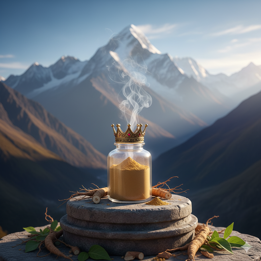 A glass bottle of Ashwagandha powder, rests on a stone pedestal against a backdrop of  Himalayan mountains, symbolizing it as Ayurveda's super herb for stress, sleep, and strength.