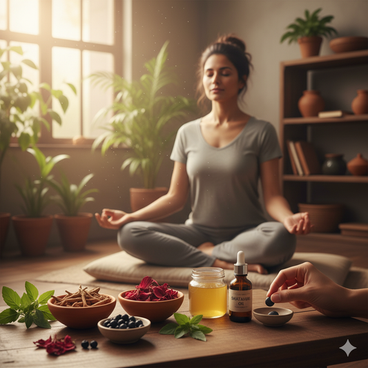 Ayurveda for women's hormonal balance, showing meditation with herbal remedies like Shatavari oil and natural ingredients.