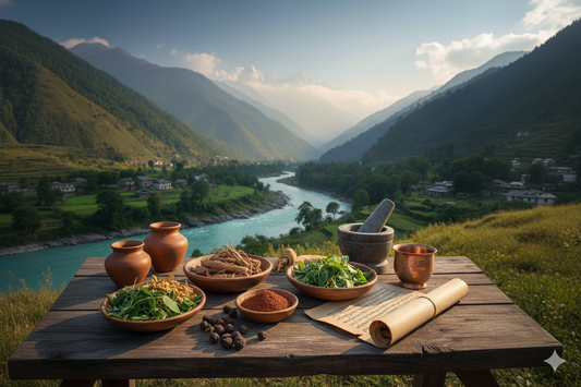 A table with ayurvedic herbs placed in a mountain setting