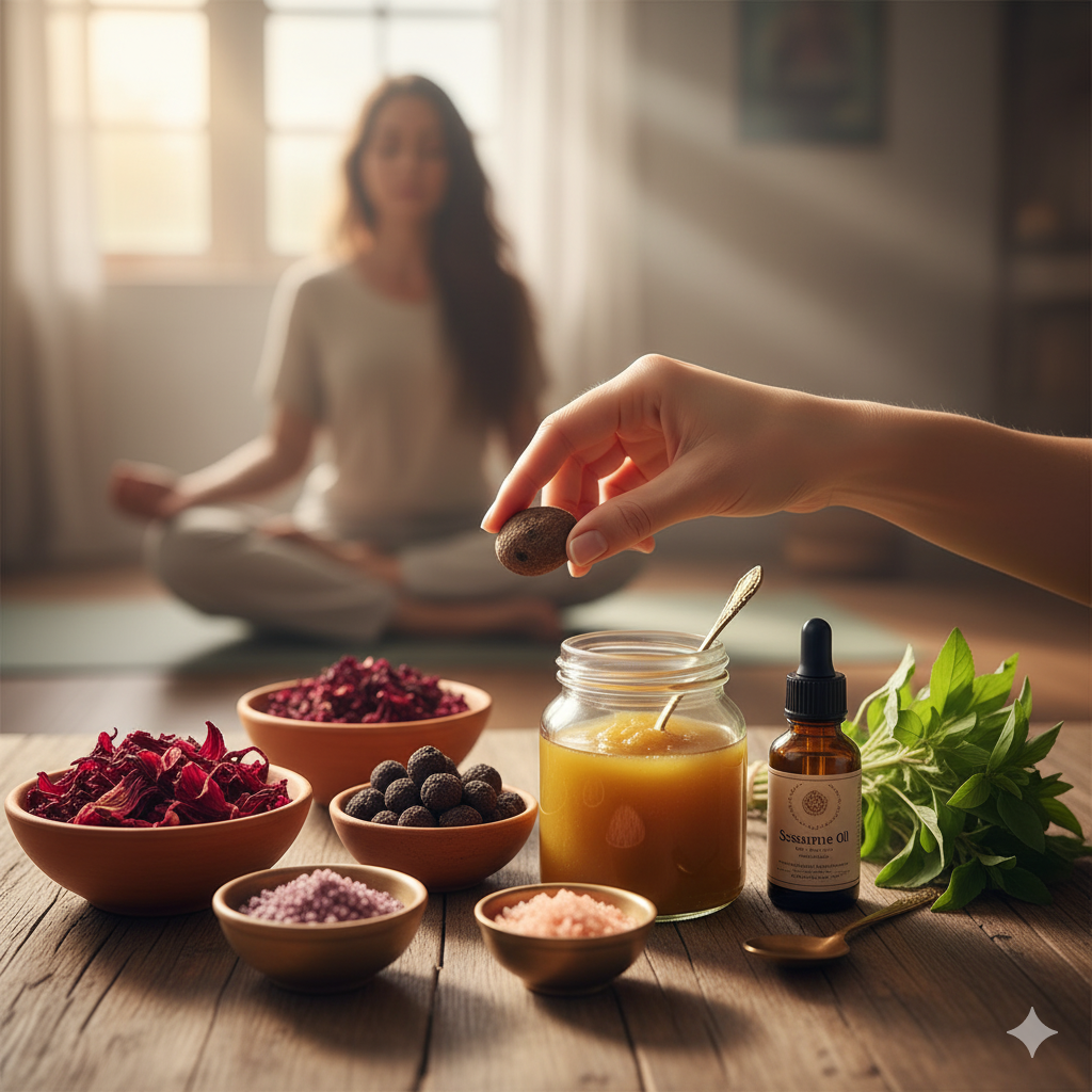 Traditional Ayurvedic ingredients and herbal remedies for supporting women's health and achieving hormonal balance, featuring a range of natural products for holistic well-being.