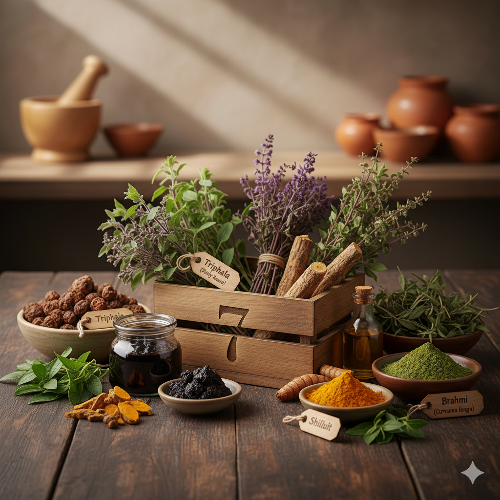 Essential Ayurvedic herbs for natural health and healing, featuring commonly used ingredients like Triphala, Turmeric, Brahmi, and Shilajit, illustrating their importance in holistic well-being.
