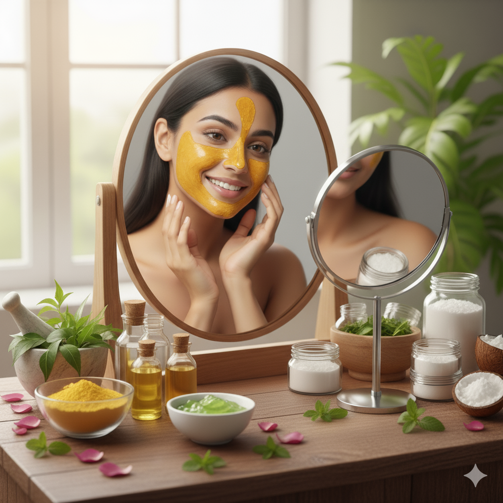 Ayurvedic beauty tips for glowing skin: a woman applying a natural face mask made from traditional Indian herbs and spices, showcasing a holistic approach to skincare for a natural radiance.