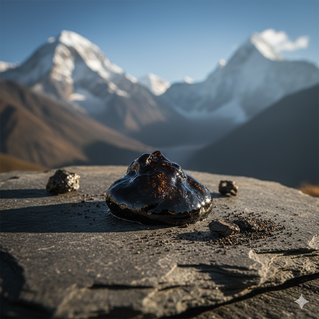Himalayan Shilajit, Ayurveda's natural energy resin, with a mountain backdrop, emphasizing its origin and benefits.