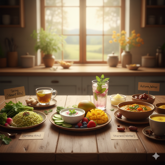 Holistic Ayurvedic food recommendations for seasonal wellness (Ritucharya), showcasing balanced meals, detoxifying drinks, and fresh produce tailored for various doshas and changing seasons.