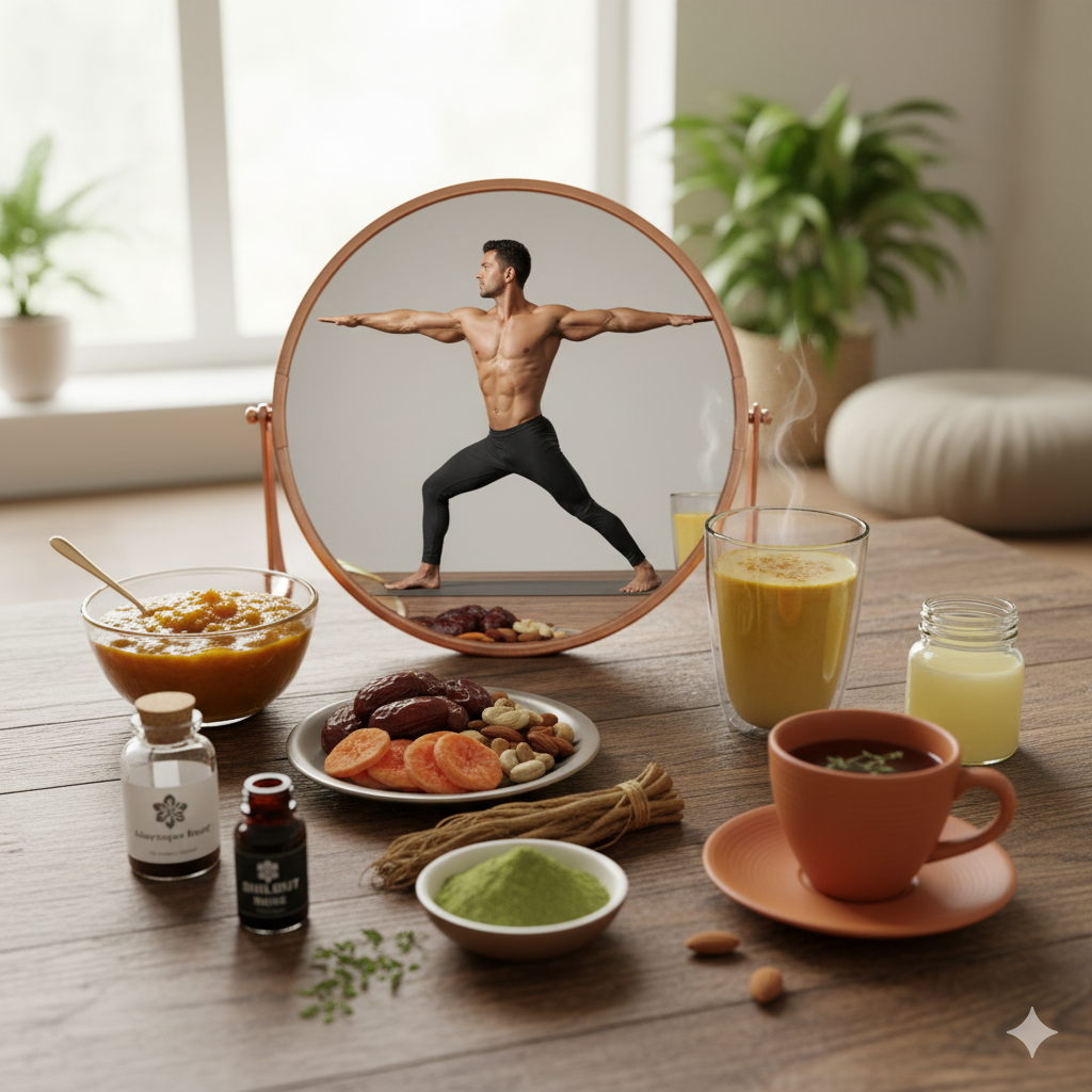 A vibrant display of natural Ayurvedic secrets for vitality, including nourishing foods, herbal supplements, and a glass of warm milk (or an herbal drink) to support energy and long-term stamina.