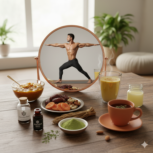 A vibrant display of natural Ayurvedic secrets for vitality, including nourishing foods, herbal supplements, and a glass of warm milk (or an herbal drink) to support energy and long-term stamina.