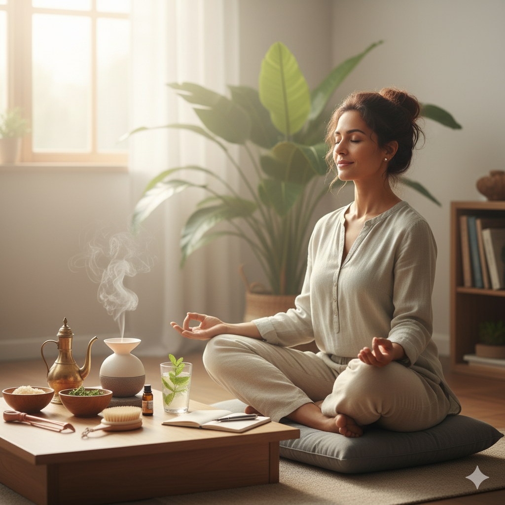 Practicing Ayurvedic techniques for calm and stress reduction, featuring a peaceful meditation scene with aromatic vapor, natural self-care elements, and a relaxed atmosphere to promote mental well-being.