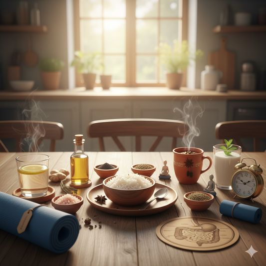 Daily Ayurvedic practices for digestion, highlighting a balanced, warm meal and herbal water/tea that supports Agni (digestive fire), featuring digestive spices like ginger, cumin, and fennel.