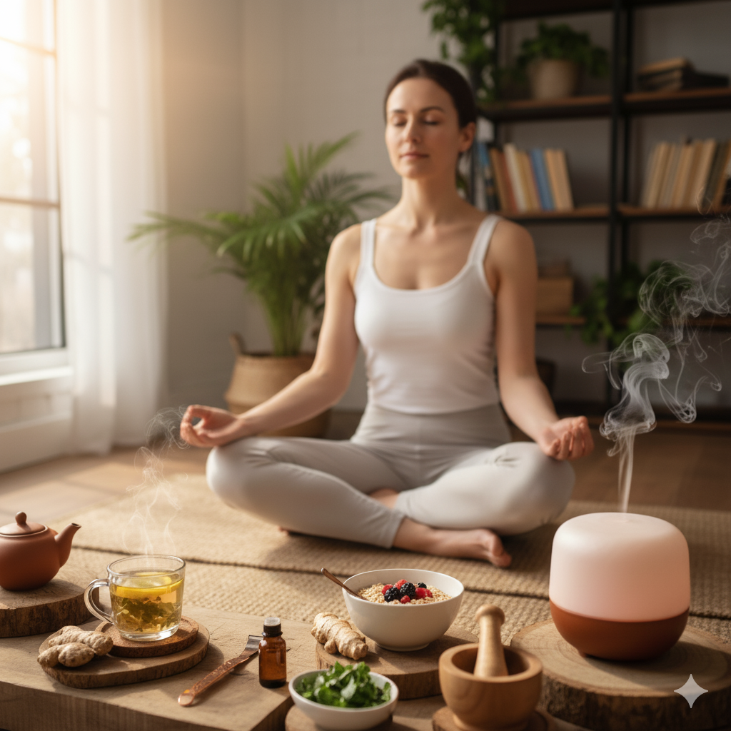 Realistic image of a woman performing seated meditation (yoga) on a mat as part of a healthy Ayurvedic morning routine, with a focus on holistic wellness and longevity, featuring a diffuser, ginger, herbs, and warm drink in the foreground.