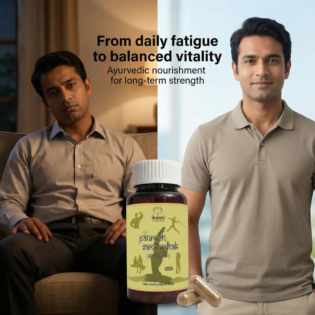 Two men, one sitting and one standing, with a bottle of Dhanura Ayurveda product in the foreground.