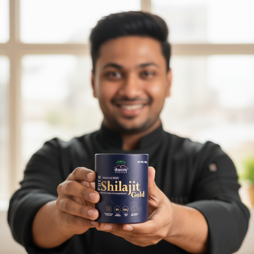 Man holding a container of Dhanura Pure Shilajit Resin Gold 